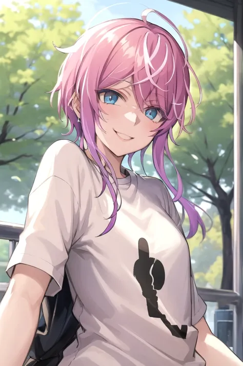 amemura ramuda, from front, upper body, smile at me, white t-shirt, clear sky, outside, in the park