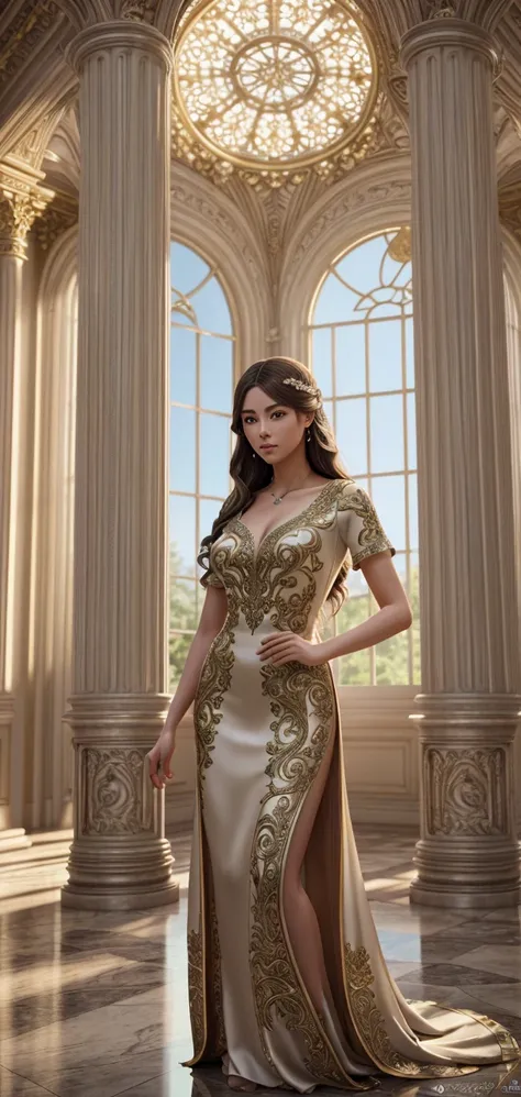 a beautiful anime girl, detailed intricate face, large expressive eyes, long flowing hair, elegant detailed dress, standing in a classical palace interior, ornate decorative architecture, detailed marble columns, sunlight streaming through windows, glowing...