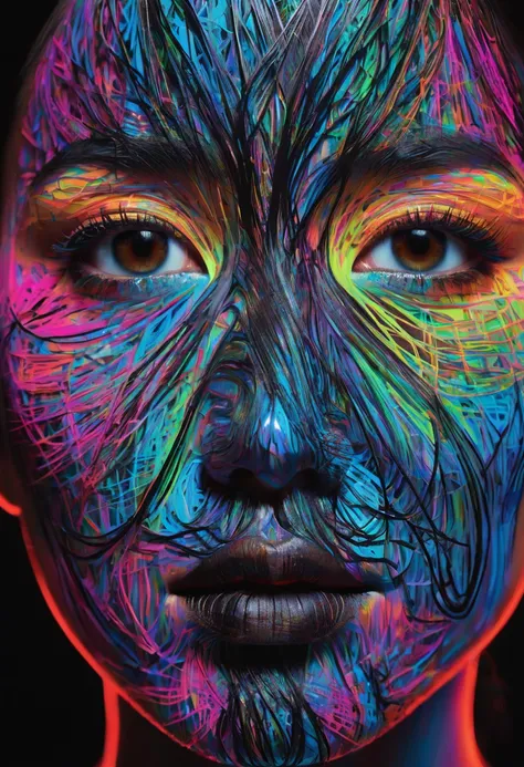 Tittled "KALYANGO"at the top, A captivating and abstract portrait of a face, composed entirely of intricate black lines and scribbles. The vibrant neon color seeps through the dense network of lines on the left side of the face, creating a striking contras...