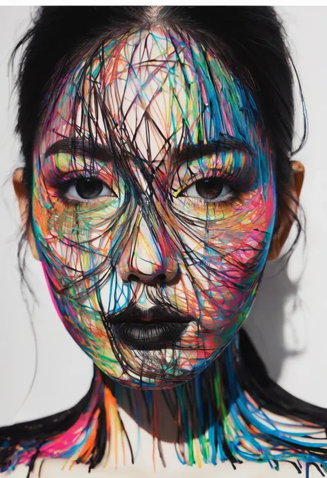 Tittled "KALYANGO"at the top, A captivating and abstract portrait of a face, composed entirely of intricate black lines and scribbles. The vibrant neon color seeps through the dense network of lines on the left side of the face, creating a striking contras...