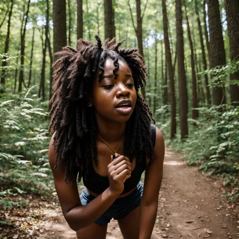 Black girl vomiting on knots in the woods 