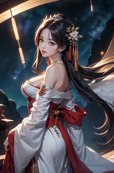 (masterpiece:1.5, Highest quality, Very detailed、 Dutch Angle、Semi-realistic、Fantasy)(One Girl, alone)(Silver Hair:1.6,,Straight Long Hair)(Wearing Han clothes, Royalty、White and red Hanfu:1.5,Thick fabric,Long sleeve)、((Off the shoulder、medium breasts, Be...