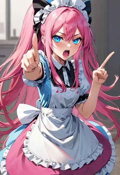 girl with long pink hair, blue eyes, Maid clothes, Pointing at you with the index finger of only one hand, Angry and screaming