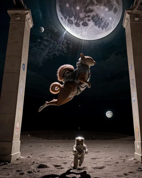 an astronaut leaping in the moon (masterpiece)(accurate 1.5)(extremely detailed 1.2) (perfect anatomy)60 liters backpack, ball juggling, a bunch of squirrel flying around, 