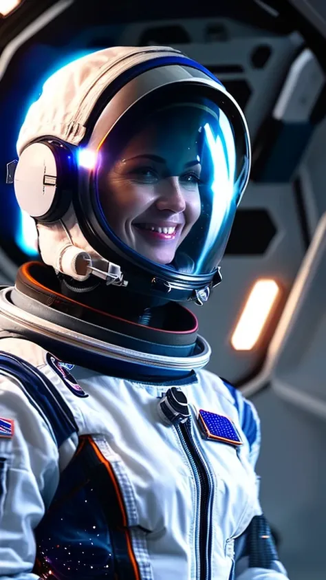 a female astronaut in zero gravity, floating in a futuristic space station, detailed face, beautiful detailed eyes, beautiful detailed lips, highly detailed, photorealistic, 8k, ultra-detailed, cinematic lighting, dramatic sci-fi atmosphere, glowing interf...