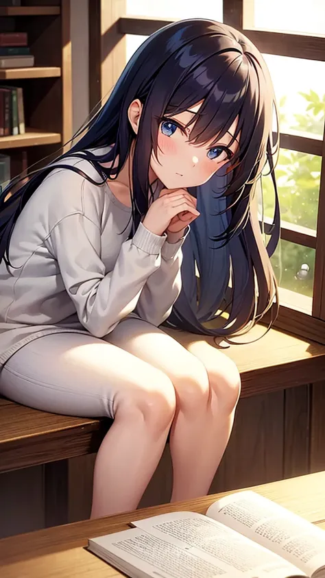 anime style, Generate an anime-style illustration of a girl deeply focused on studying at a wooden desk in her cozy, beautifully decorated room. The room is bathed in warm, soft lighting, creating a serene ambiance. Neatly arranged books line the shelves n...