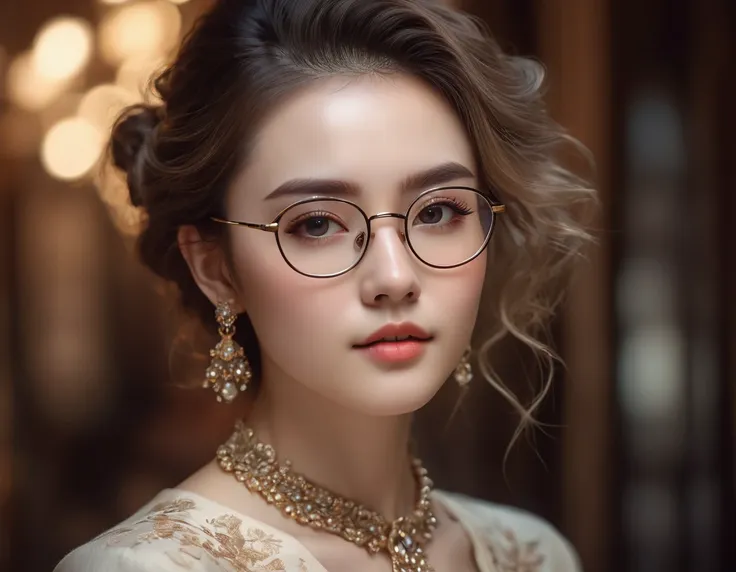 beautiful girl wearing glasses,detailed facial features,long eyelashes,porcelain skin,delicate facial expression,elegant hairstyle,intricate jewelry,detailed clothing,atmospheric lighting,dramatic lighting,cinematic composition,warm color palette,soft focu...