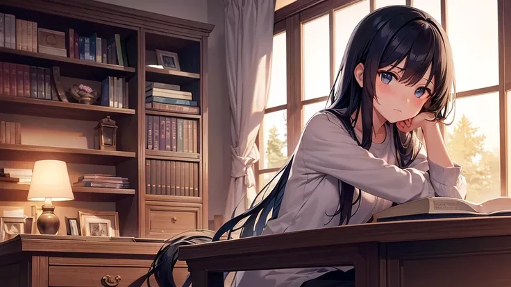 anime style, Generate an anime-style illustration of a girl deeply focused on studying at a wooden desk in her cozy, beautifully decorated room. The room is bathed in warm, soft lighting, creating a serene ambiance. Neatly arranged books line the shelves n...