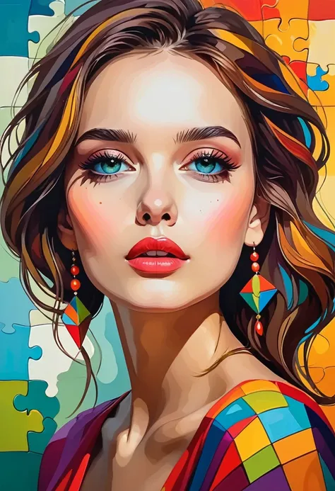 decorative paintings，girl portrait，rich colors，geometric puzzles