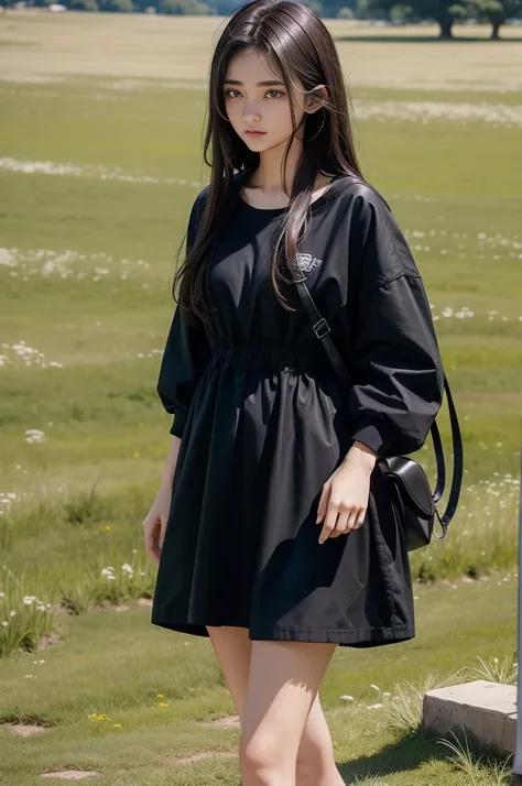 Beautiful sixteen year old girl with dark hair, standing in the meadow, wearing modern clothes, with an angry expression, holding one hand forward, There&#39;s a magic spark in that hand.