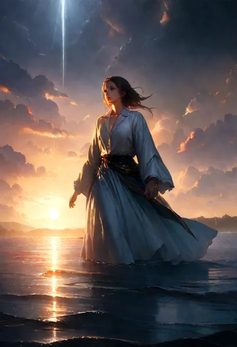 Jesus walking on water in a storm, gentle expression, rays of light coming down from the sky, Masterpiece, of the highest quality, high quality, Highly detailed CG Unit 8k wallpaper, award-winning photos, bokeh, depth of field, HDR, Bloom, chromatic aberra...