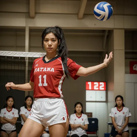 black hair girl, straight and long collected in a ponytail, on your back on a volleyball court, about to take a serve, with the uniform of the Japanese national team, Red color, with the name Okamura and the number 12, realist. His face cannot be seen sinc...