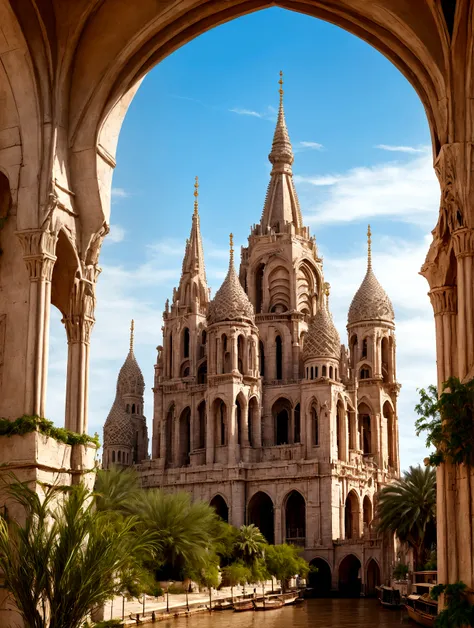 In the heart of the desert, ancient whispers echo through the gleaming spires of an shiny white city that defies time. The city is filled with beautiful intricate and interconnected canals and a lush exuberant vegetation, closeup view.