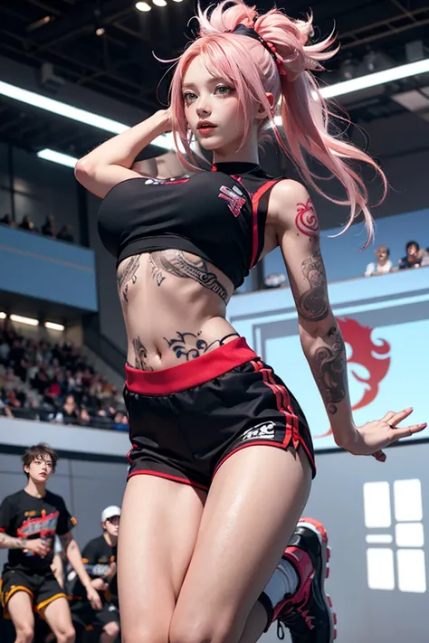 Perfect Style, Beautiful Face, Highly detailed face and skin texture, (Maximum resolution: 1.2), 1 female, alone, Hip Up, jewelry, (((He has many tattoos all over his body)), Streetwear, Play sports often, Pink Hair, Shorts, Sports boots, (((Tight waist)))...