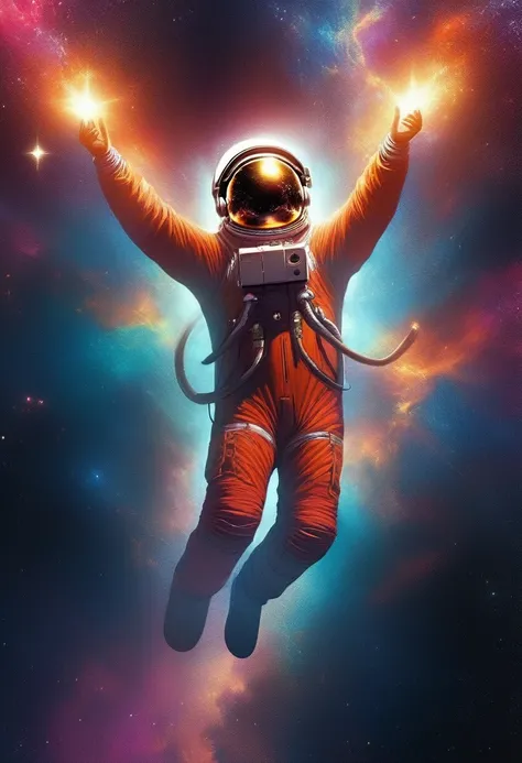 Arafed a picture of a astronaut hovering in space, watching endless stars, and far galaxies, vibrant, Ultra-high resolution, High Contrast, masterpiece:1.2, highest quality, Best aesthetics), best details, best quality, highres, ultra wide angle, 16k, [ult...