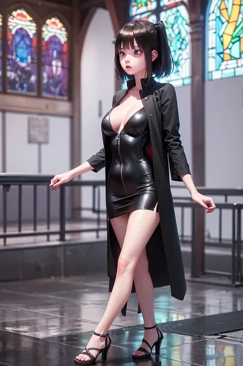 masterpiece, High resolution, high quality, Detailed face, Detailed body rendering, One girl, alone, Sleeveless outfit, Sleeveless shirt, Fishnet top, Black Lips, Unzipped jacket,, Exposing breasts, Nipples, Are standing, blushする, ((Full Body Shot)) , ((le...