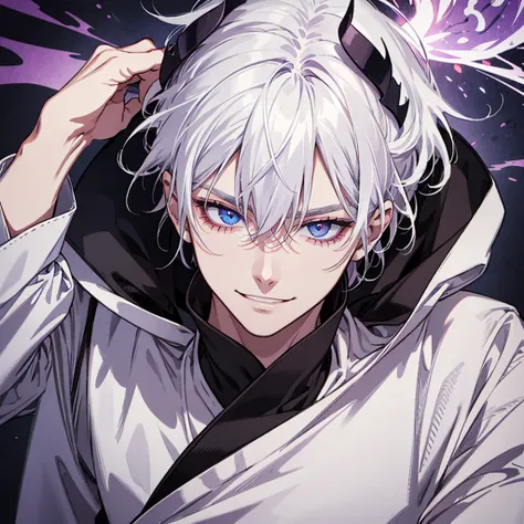 White-haired Boy、eye smile, purples eyes、short messy hair、portraite、heterochromia , evil smile、black robe