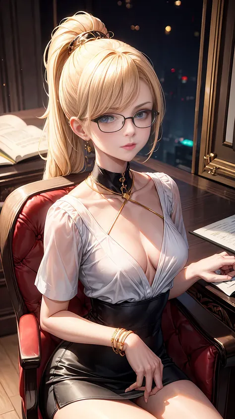 Beautiful woman with short straight ponytail blonde hair with blue eyes wearing a Black Tight Skirt, a Sexy Criss Cross Mock Neck Short Sleeves Red Blouse, luxurious jewelry and a luxurious necklace, 18k gold wedding ring on left hand, rimless glasses, sit...