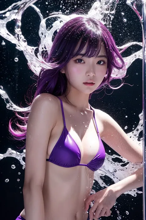 A beautiful Japanese girl is shown being showered with purple liquid.。She is wearing a purple bikini、The design is adorable。The color of the bikini matches the color of the liquid.、It creates a unified visual overall.。

Her hair is wet and、It&#39;s so mess...