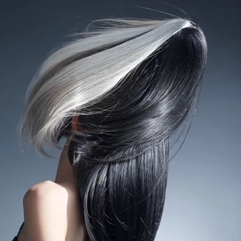 High quality, live action, Japanese, black hair, shiny, beauty salon commercial, constant light, hair only swaying, hair swaying in the wind, back view, silver background, hair only