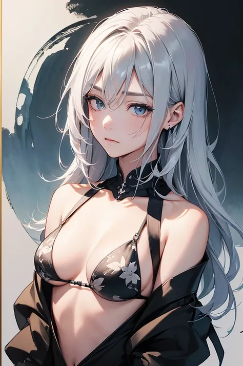 (Image from chest up:1.4)((masterpiece:1.5,Highest quality,Beautiful images、Sketch、2.5D、Ink Painting、Abstract、Artistic、Portraiture))(1girl, 独奏)(medium breasts, Silver Hair、long hair、Beautiful cleavage、Exposing shoulders、Tattoo on shoulder)(横顔のPortraiture,G...