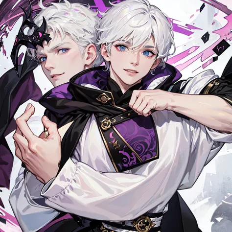 White-haired Boy、eye smile, purples eyes、short messy hair、portraite、heterochromia , evil smile、black robe