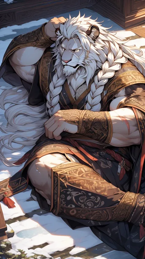 (masterpiece),(highres),(intricate details:1.4),extremely detailed,(illustration:1.2),8k,photorealistic,exquisite,aged,elder male lion ,muscular,swordsman,manhood ,(white hair:1.3),long hair,braided hair,long white beard,scar,badly damaged,hurt,broken body...