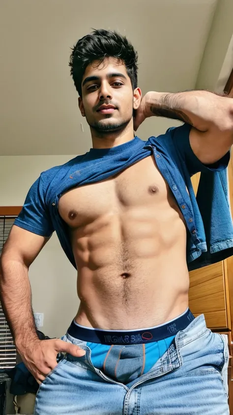 sagging, indian man, jeans, t-shirt, boxers, stubble,( handsome face), detailed eyes, messy hair, cinematic , handsome man,sagfront, looking  at me 