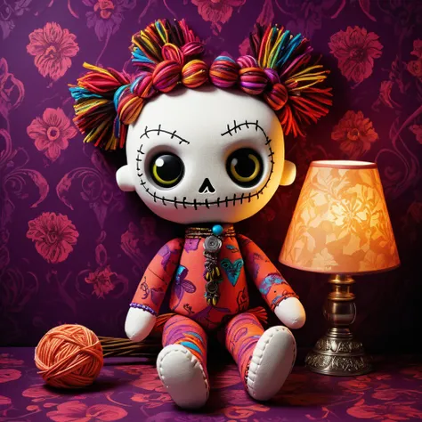 (knitted toy voodoo doll:1.2), (Voodoo Wallpapering:1.3), (Clothing: casual outfit with wallpaper patterns:1.0), (Accessories: enchanted wallpaper brush, glowing paste, mystical wallpaper rolls:1.2), (background: bright room with floating, glowing wallpape...