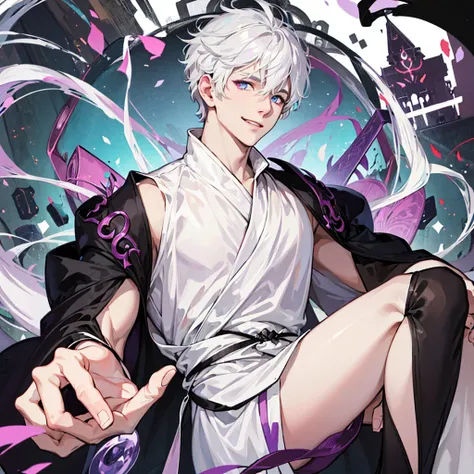 1 White-haired boy、eye smile, purples eyes、short messy hair、portraite、heterochromia , evil smile、black robe