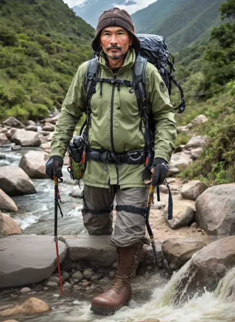 lower part of the man, leather boots, trekking poles, mountain wash