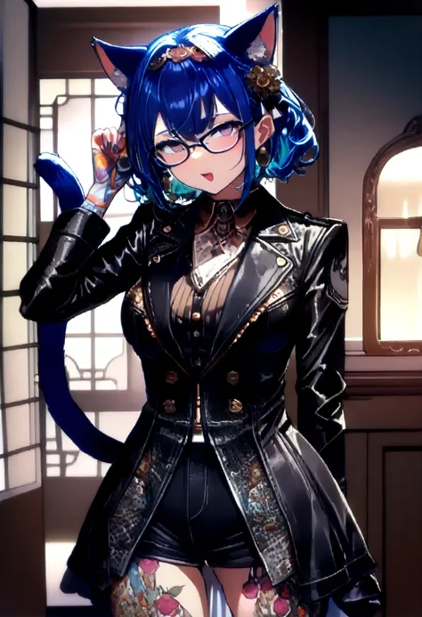 ahegao, a cute guy with purple and blue hair, hair with highlights, Little Short Hairstyle, wearing glasses and a leather jacket, colorful tattoos, Detailed accessories, ([cat tail and ears]:1.3), (details Intricate), hdr, (details Intricate, hyperdetailed...