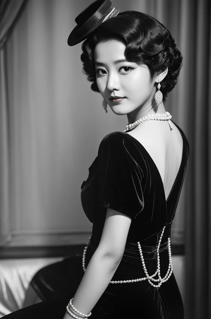 Han Jisung, a 25-year-old boy dressed as a woman in the 1920s as a jazz singer behind a cabaret 