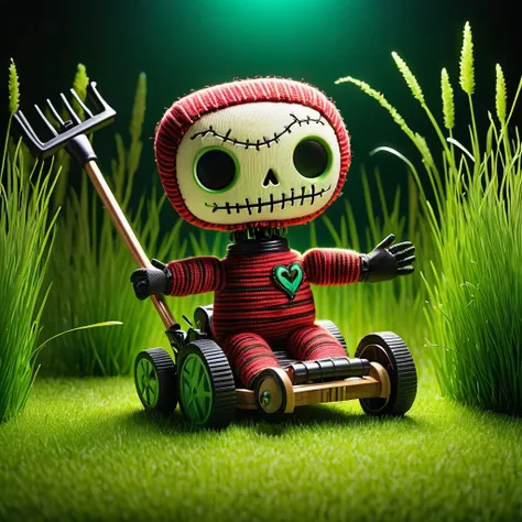 (knitted toy voodoo doll:1.2), (Voodoo Mowing the Lawn:1.3), (Clothing: casual outfit with grass patterns:1.0), (Accessories: enchanted lawnmower, glowing grass clippings, mystical gardening gloves:1.2), (background: sunny yard with floating, glowing grass...