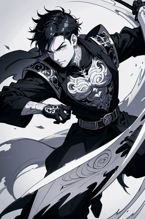 A male anime character with tattoo on arm, wielding two swords, atop a dragon, black and white, coloring page, detailed line art, sharp focus, intricate details, dynamic pose, moody lighting, high contrast, pencil sketch style