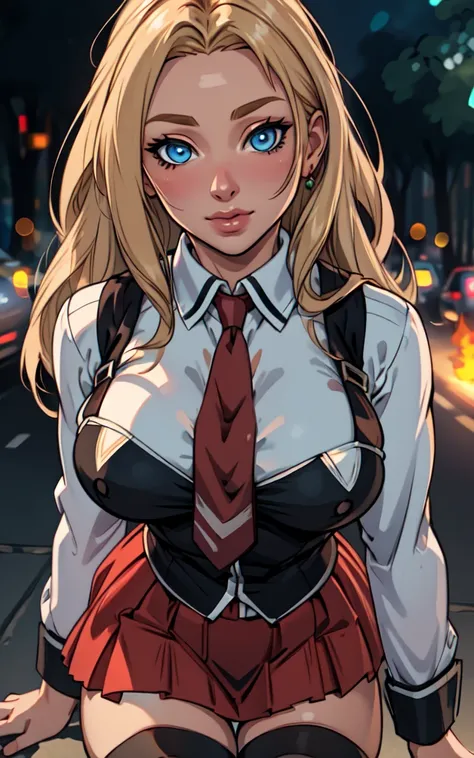 ((masterpiece, best quality)), insaneres, absurdres, solo, outdoors,
CLOTHING_BibleBlack_SchoolDress_ownwaifu, 
1girl, blonde hair,  long hair, blue eyes, 
black vest, red skirt, white shirt, collared shirt, suspenders, , black thighhighs, zettai ryouiki, ...