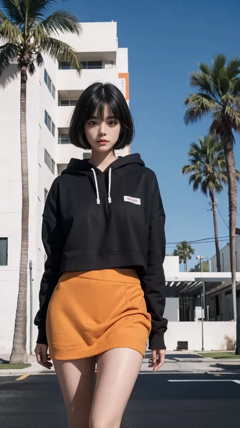 long shot portrait of cute 23 yo girl, (natural big breast) ,wear ((orange color oversized hoodie)), wear ((purple tennis skirt)...