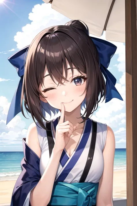 opn4m1k1m0n0, 2d, masterpiece, best quality, anime, upper body, smile, sleeveless kimono, obi, hair bow, ponytail, beach, head tilt, one eye closed, ;), finger to mouth