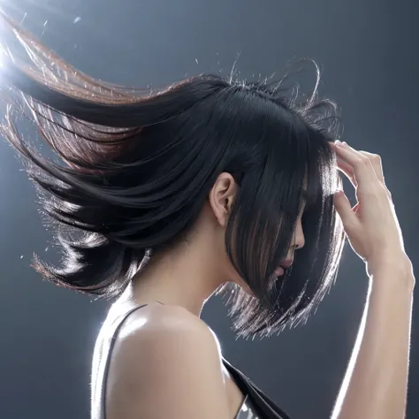 High quality, live action, Japanese, black hair, shiny, beauty salon commercial, constant light, hair only swaying, hair swaying in the wind, back view, silver background, hair only