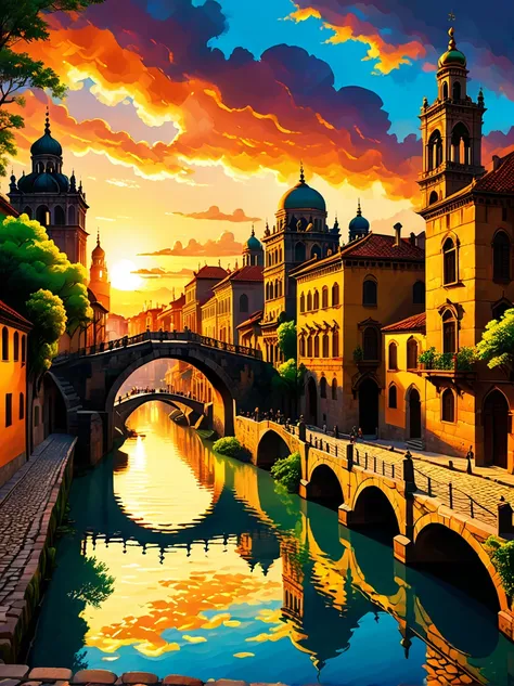 old city landscape at sunset, historical architecture, warm sunshine, vivid clouds, tranquil water canal, ancient bridge, cobble...