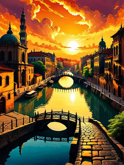 old city landscape at sunset, historical architecture, warm sunshine, vivid clouds, tranquil water canal, ancient bridge, cobble...