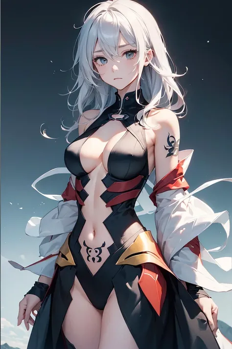 (Image from chest up:1.4)((masterpiece:1.5,Highest quality,Beautiful images、Sketch、2.5D、Ink Painting、Abstract、Artistic、Portraiture))(1girl, 独奏)(medium breasts, Silver Hair、long hair、Beautiful cleavage、sideboob、Exposing shoulders、Tattoo on shoulder)(横顔のPort...