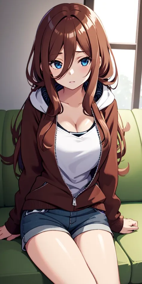 (Best quality:1.3), nakano miku, brown long hair, hair between eyes, large round breasts, open unzipped hoodie, shorts, cleavage, sitting on couch, (pov)