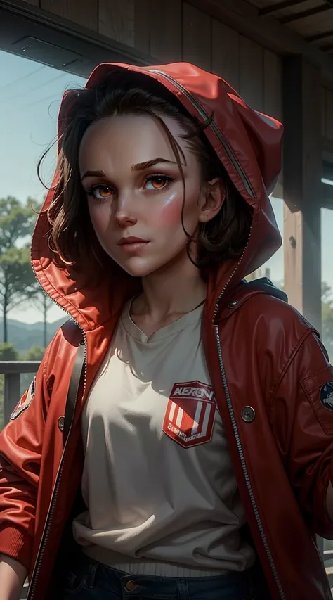 score_9_up, score_8_up, score_7_up, Millie Bobby Brown, mbb, wearing a red jacket and a hood in a dark forrest, horror style, stranger things, netflix