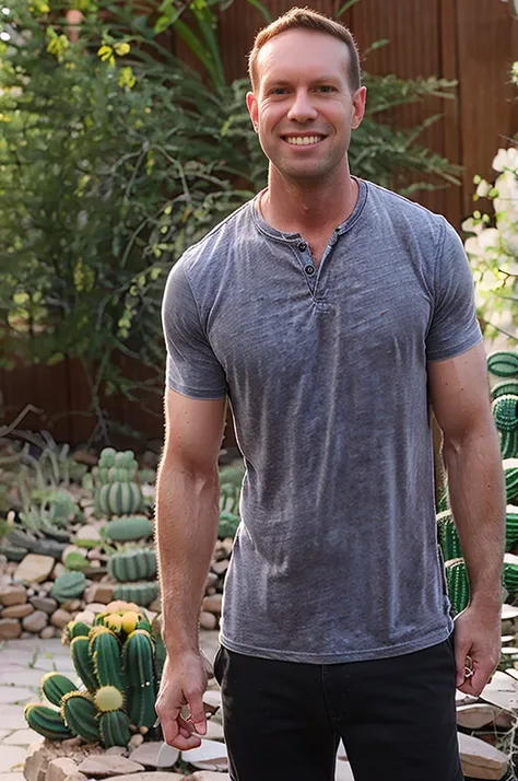 a man holding a potted cactus. street photography. wearing black shirt.