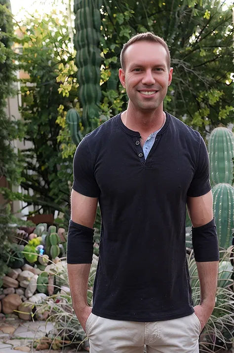 a man holding a potted cactus. street photography. wearing black shirt.