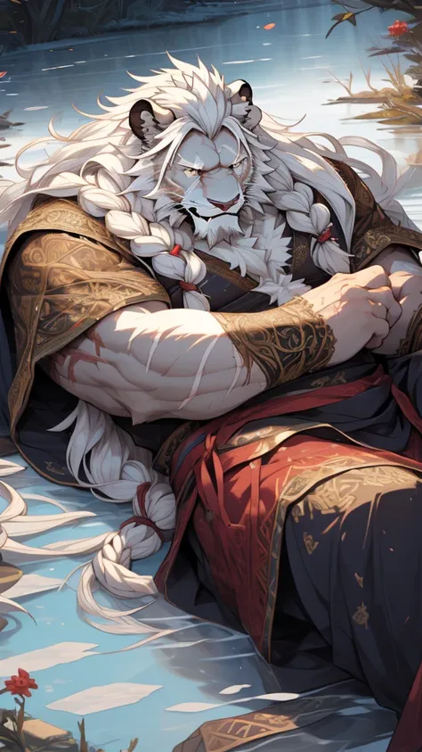 (masterpiece),(highres),(intricate details:1.4),extremely detailed,(illustration:1.2),8k,photorealistic,exquisite,aged,elder male lion ,muscular,swordsman,manhood ,(white hair:1.3),long hair,braided hair,long white beard,scar,badly damaged,hurt,broken body...