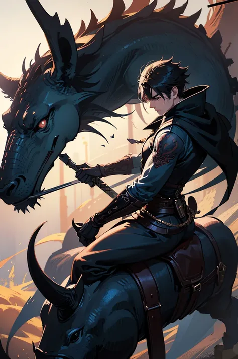 a male anime character with a tattoo on his arm, wielding two swords, riding on top of a dragon, sketch, pencil-drawn, intricate details, dynamic pose, dramatic lighting, moody atmosphere, high contrast, warm color tones, (best quality,4k,8k,highres,master...