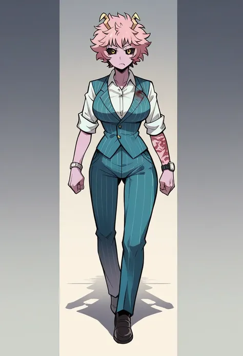 Mina ashido, Women, defined body, big breasts, small waist, thin arms, serious expression, Un chaleco blue suit with pinstripes, A light blue dress shirt with the sleeves rolled up to the elbows., Pants matching the vest., blue suit with pinstripes, black ...