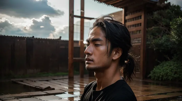 samurai meditating, wearing black t-shirt ,wet ground, cloudy sky, very detailed face, ultra realistic